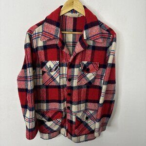 Vintage Career Club 70s Men S 14-14.5 Red Plaid Shacket Button Shirt Wool Blend